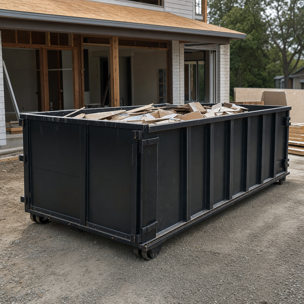 Large matte-black 30-yard construction roll-off dumpster at an active Champaign jobsite, steel-gray top rails and bottom rollers visible, loaded with construction debris.