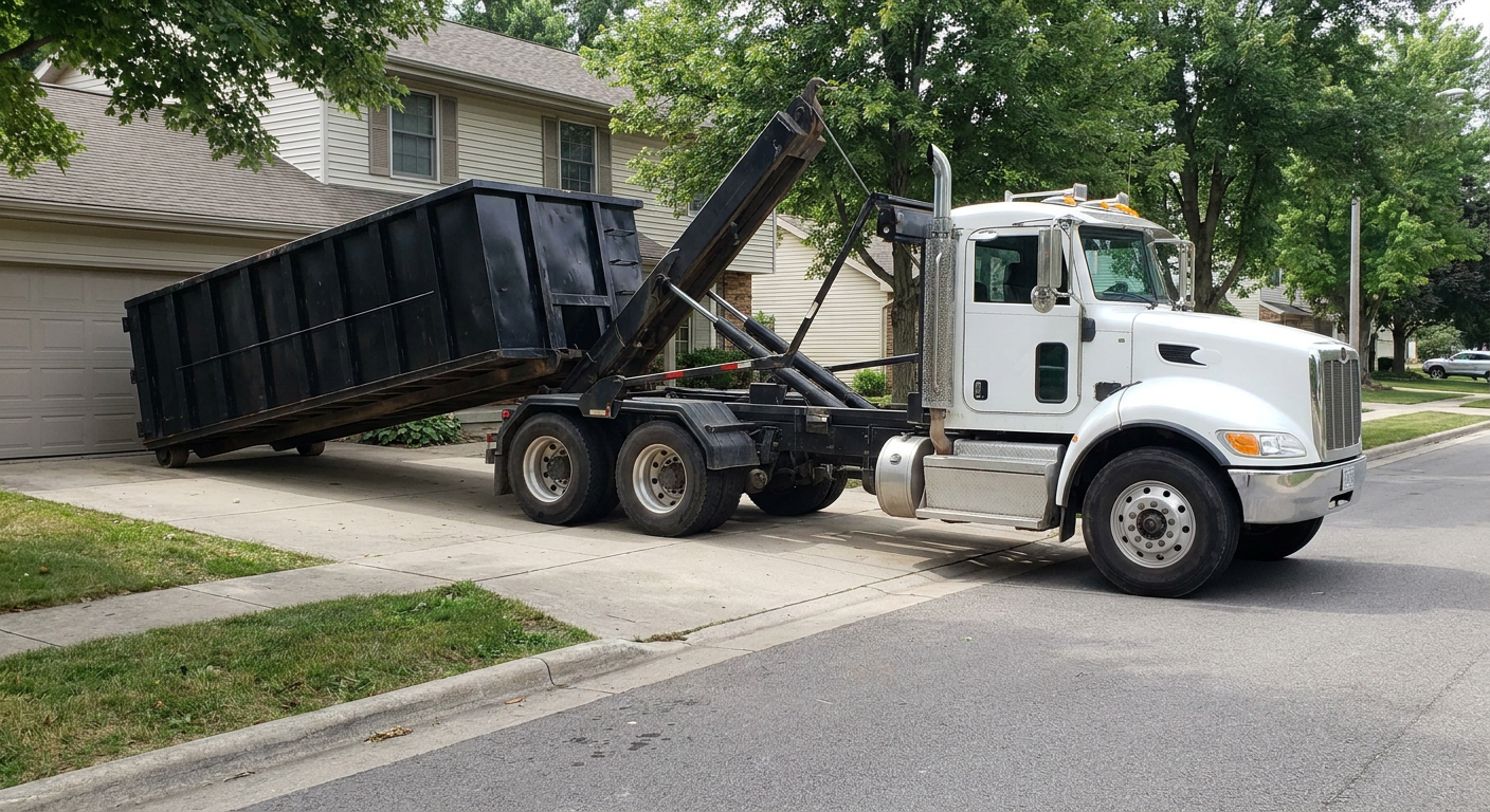 White-cab hooklift roll-off truck actively lowering a matte-black dumpster onto a Champaign residential concrete driveway, the dumpster's rear wheels touching the driveway as the hoist arm tilts the bed forward, mid-morning daylight.