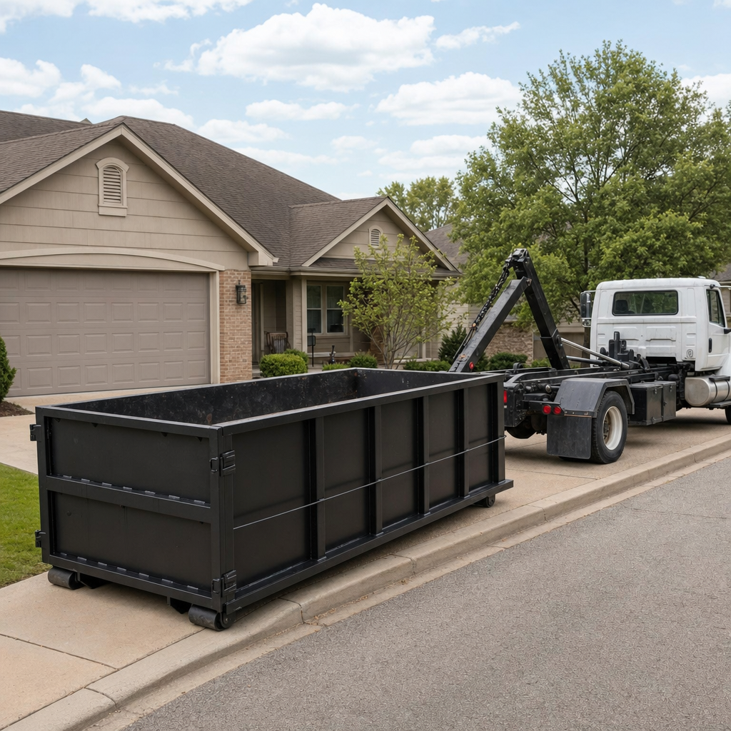 Wide documentary shot of a matte-black roll-off dumpster on a Champaign residential driveway in the foreground and a contractor jobsite container in the soft-focus background, bright daylight, calm and orderly composition.